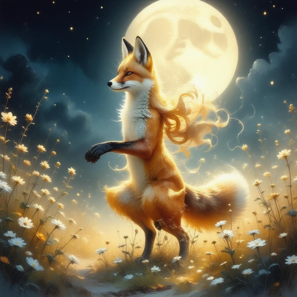 This enchanting wallpaper features a detailed digital illustration of an ethereal fox spirit, set against a warm and dreamy backdrop of a field of wildflowers under the full moon. The illustration is characterized by soft yellow and white hues, creating a captivating and ethereal atmosphere.