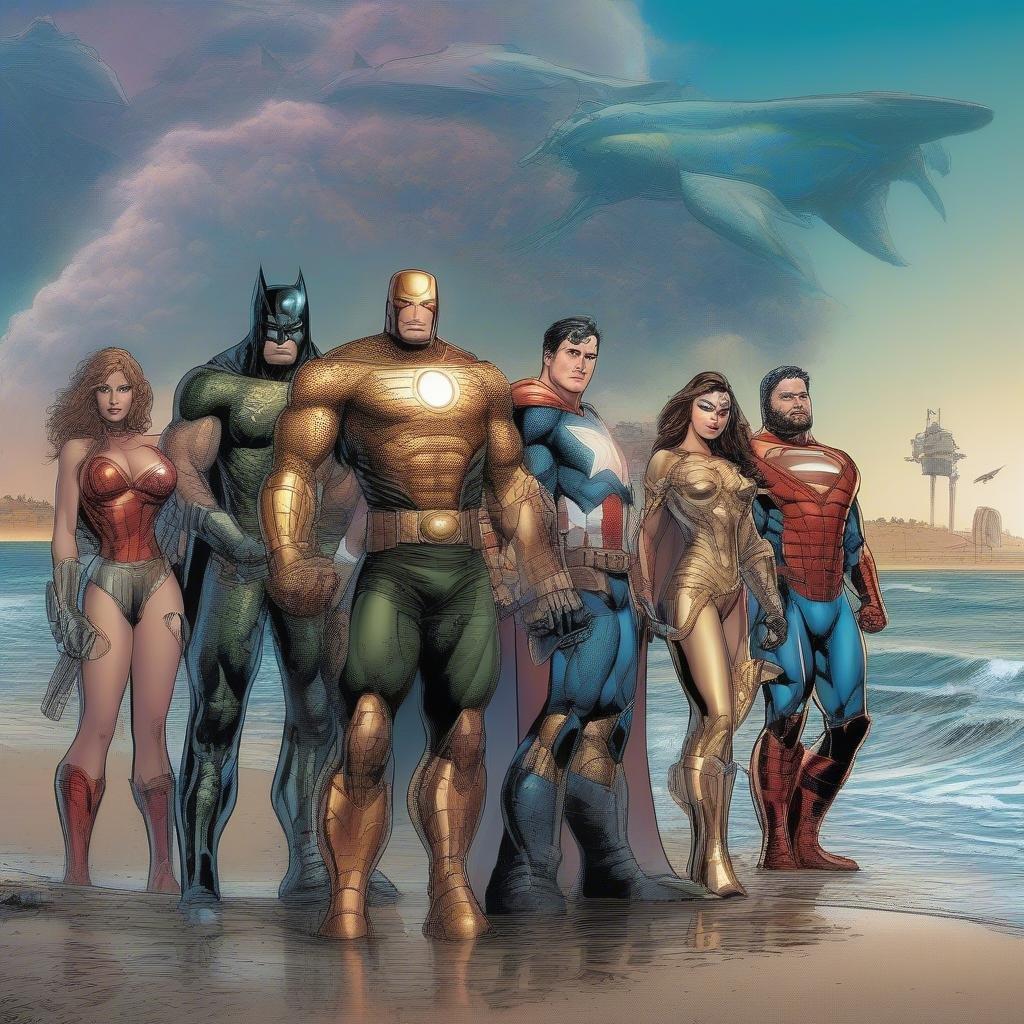 Gathered on the beach, these iconic characters from the DC Comics universe represent a diverse group of heroes ready to protect Earth.