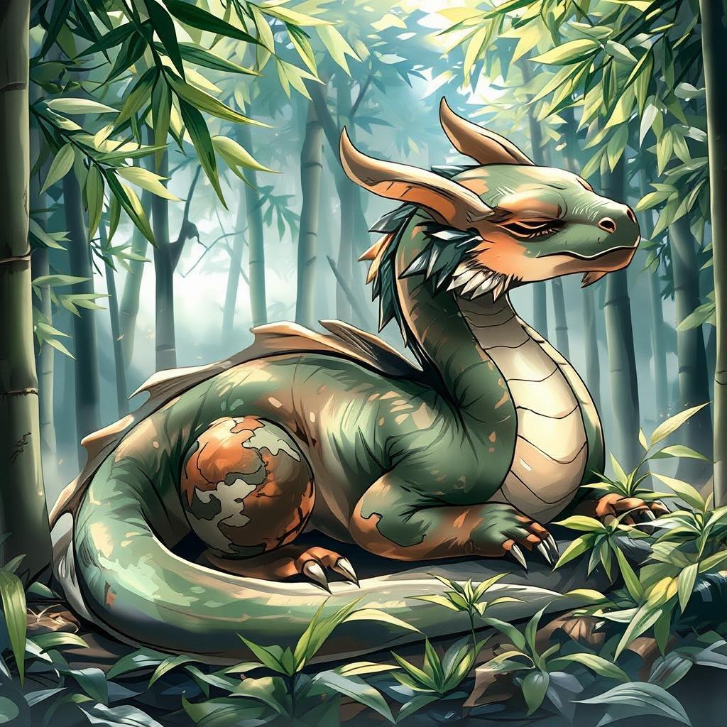 This wallpaper features a serene and peaceful scene of a baby dragon sleeping in a lush bamboo forest. The dragon's body is a beautiful blend of green and brown, and its head is turned to the right, with its eyes closed. The background of the image is a stunning bamboo forest, with tall bamboo stalks and green leaves. This image is perfect for anyone who loves anime, dragons, or nature.