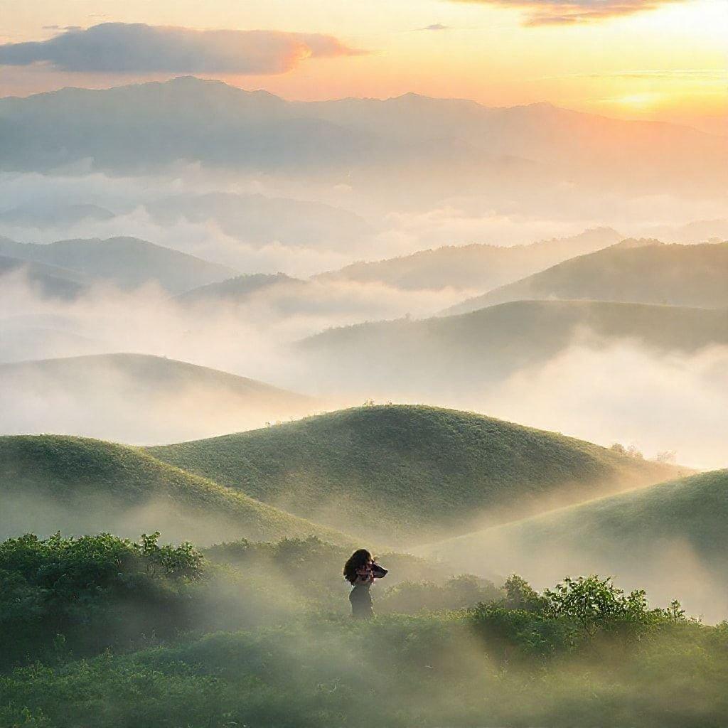 Breathe in the serene beauty of a misty mountain valley as the sun rises, casting a warm glow over the verdant landscape.