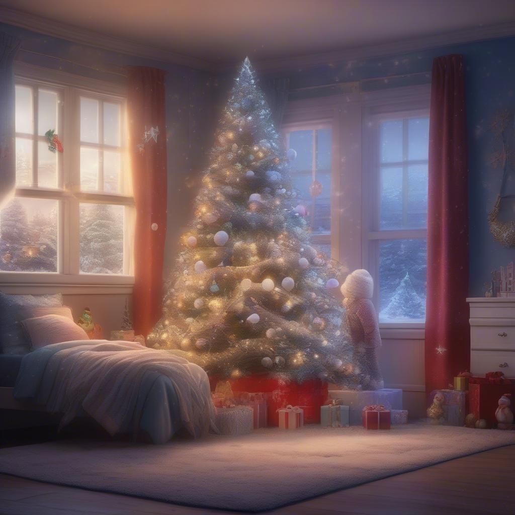 This festive scene captures the essence of a cozy Christmas morning. A beautifully decorated tree stands in the corner, adorned with presents that hint at a joyful celebration. The soft glow of the lights and the warmth of the room set the stage for a memorable holiday season.