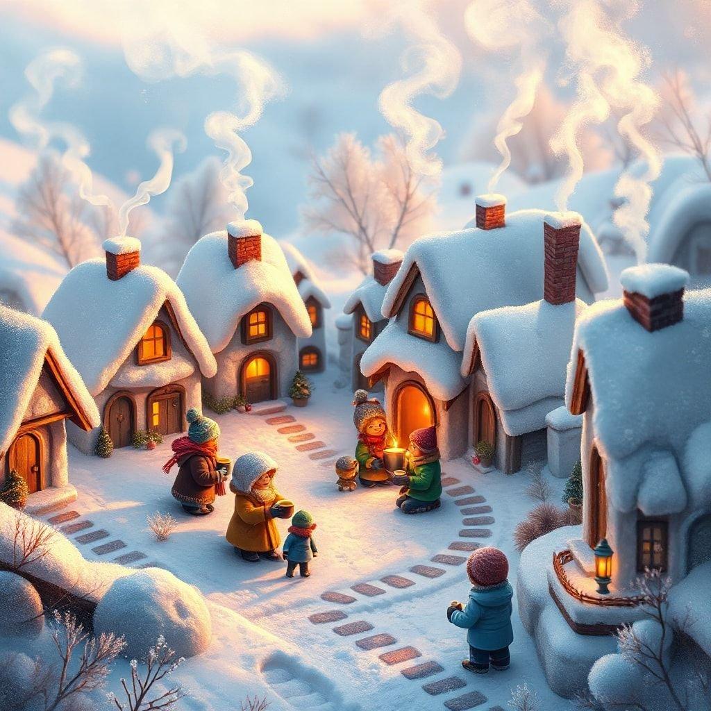 A festive winter village, the scene is set with a snowy backdrop, quaint cottages twinkling with warm Christmas lights, and children playing in the snow.