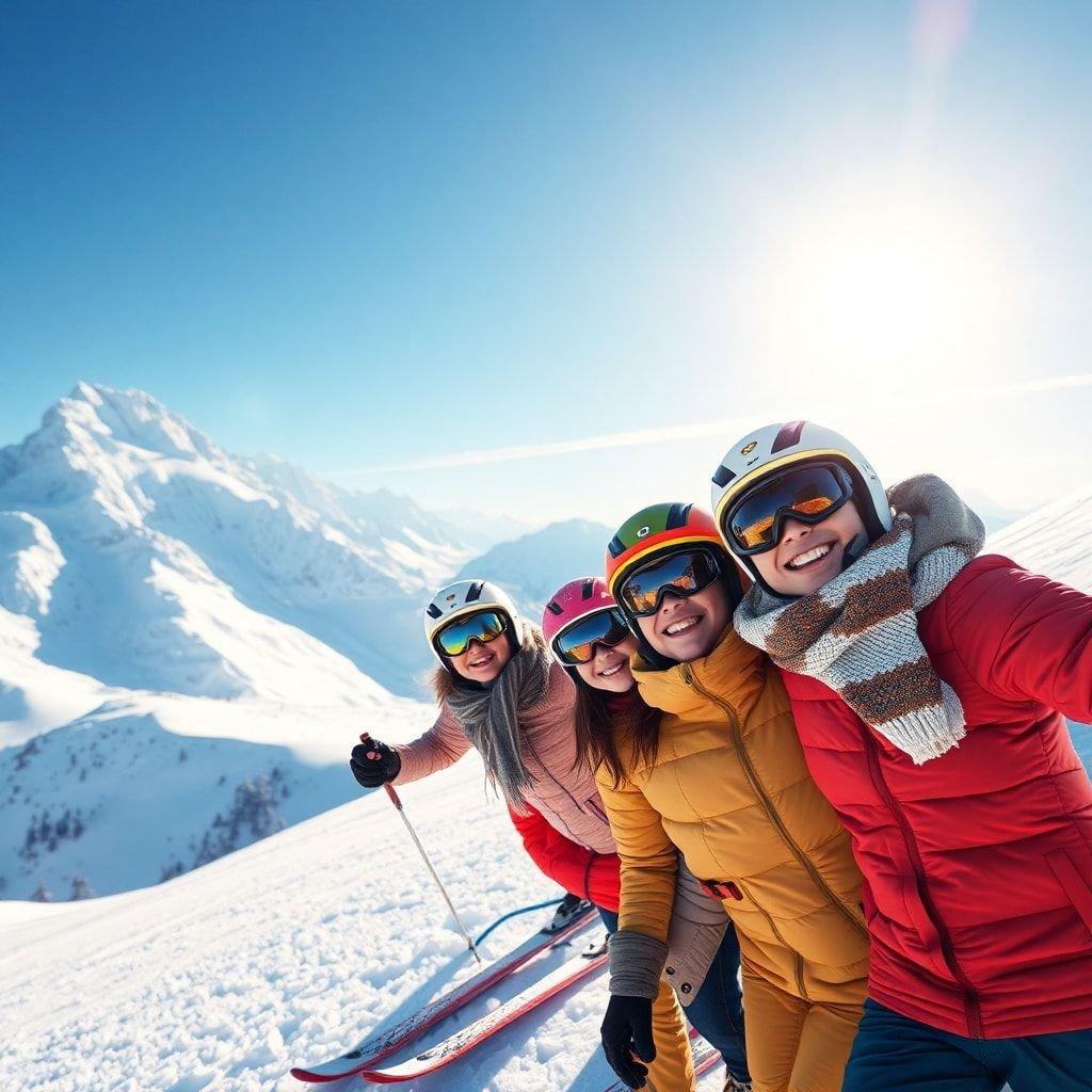 Capture the thrill of skiing with this stunning wallpaper featuring a group of friends enjoying a day on the slopes. The image showcases the beauty of the snowy mountains and the joy of adventure.