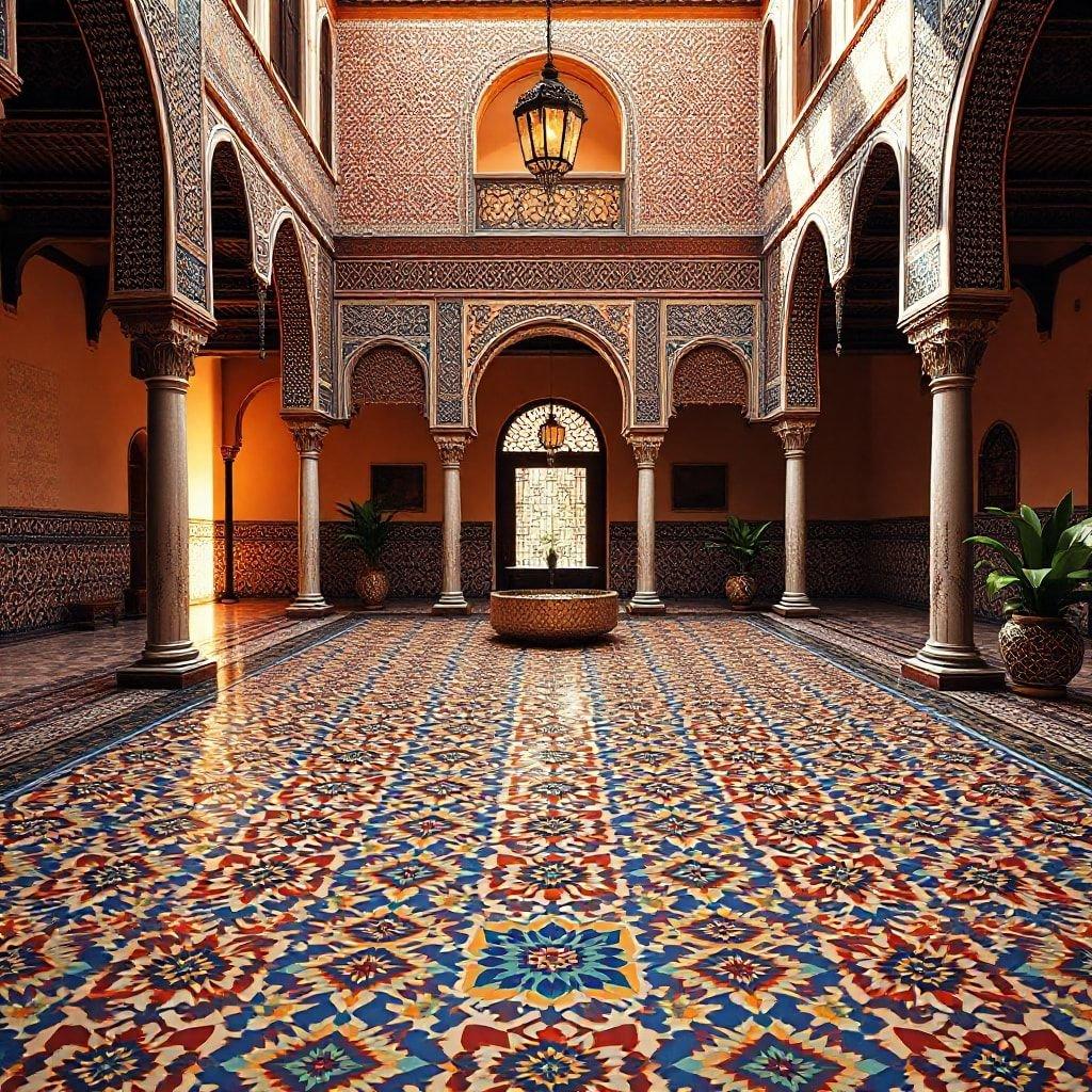 Entrance to a courtyard with ornate tile flooring and archways, evoking the rich architectural heritage.