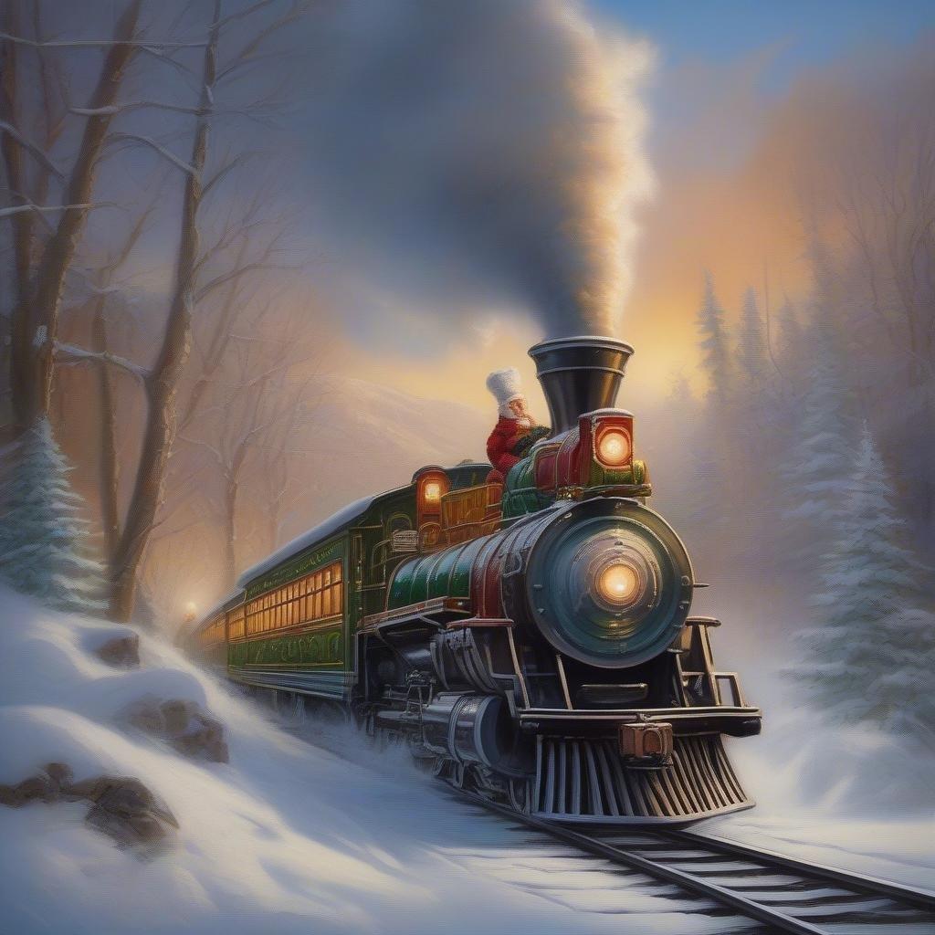 A festive train journeying through a snowy forest, with Santa at the helm. The joyful spirit of Christmas on rails.