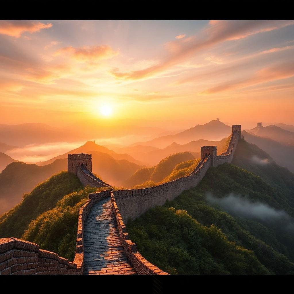 The Great Wall of China is a breathtaking sight, especially during sunset. The wall stretches across the mountains, creating a stunning visual effect.