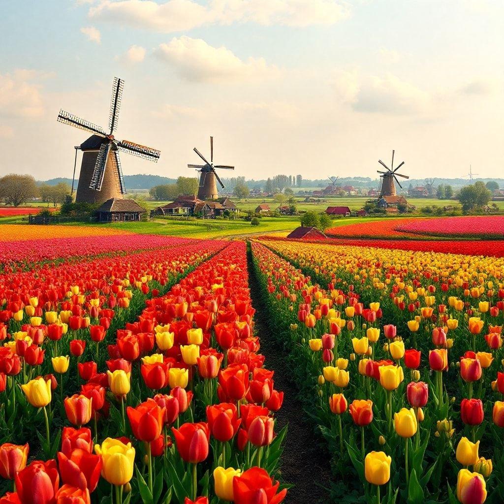 Explore the vibrant tulip fields, a symbol of spring and tradition in Holland.