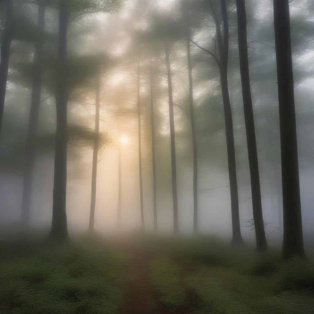 A mystical forest scene with tall trees and a bright light shining through the fog, creating a sense of wonder and enchantment.