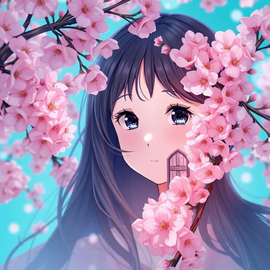 This anime illustration features a young girl with her face hidden within a cherry blossom tree, set against a vibrant blue-green background. The scene is adorned with pink blossoms and tiny doors, adding a whimsical touch.