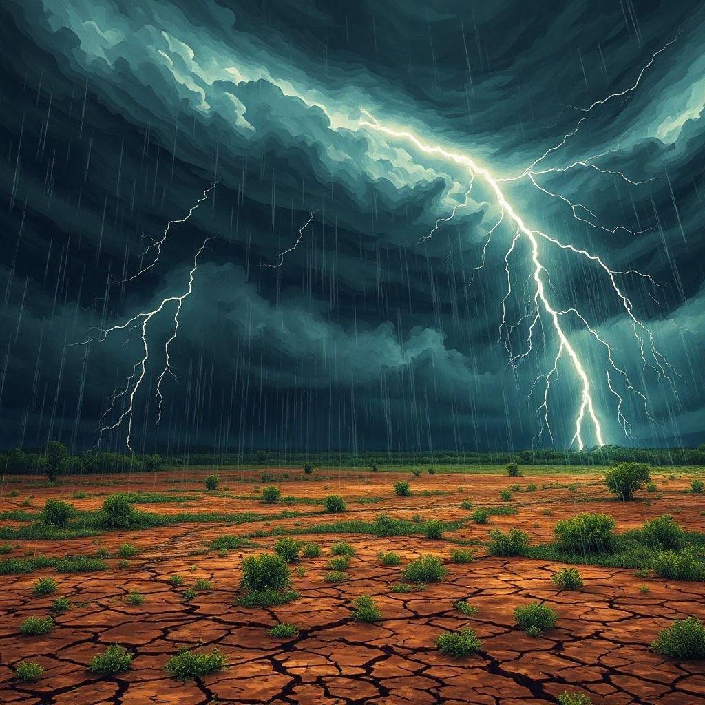 A dramatic scene of lightning striking over the vast desert landscape, with a hint of distant rainfall.