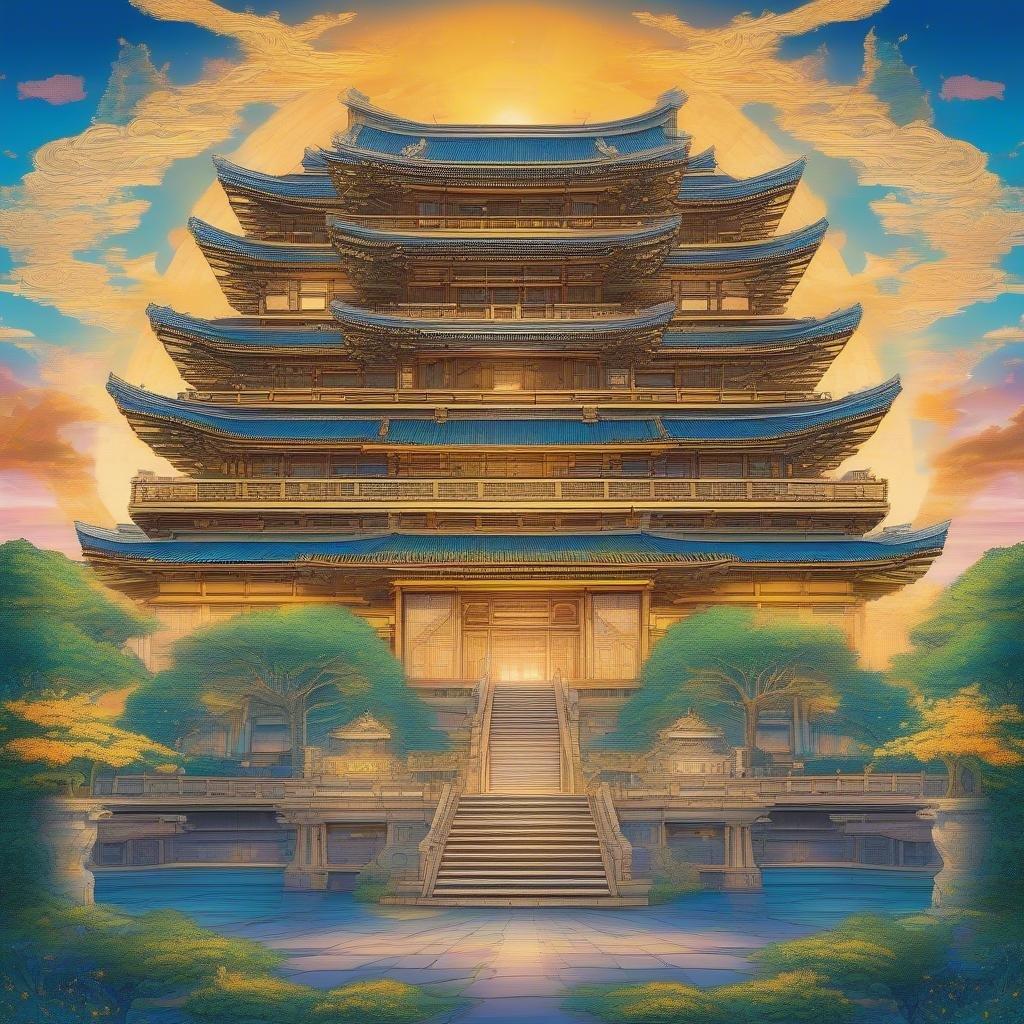 Une grande illustration d'anime mettant en valeur un palais japonais traditionnel pendant un coucher de soleil vibrant. L'architecture est complexe et détaillée, avec le point central étant le magnifique char au sommet, orné de créatures mythiques et de symboles mystiques. Le ciel en arrière-plan est vivant avec des bleus et des jaunes, tandis que le premier plan est peint dans des verts luxuriants et des teintes vibrantes d'orange et de jaune, créant une ambiance magique.