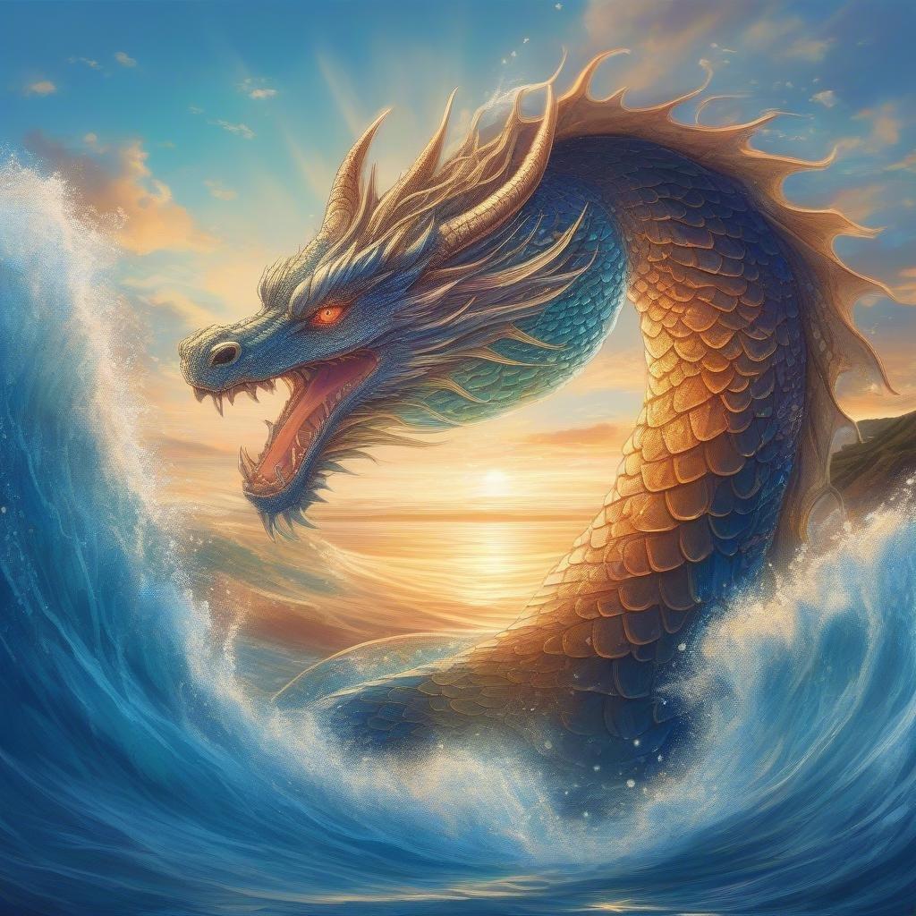 Unleash the majesty of an oceanic dragon with scales that shimmer like diamonds in the sunlight. This detailed anime illustration brings to life a fantastical scene where reality meets fantasy, creating a mesmerizing backdrop for your desktop or mobile device.