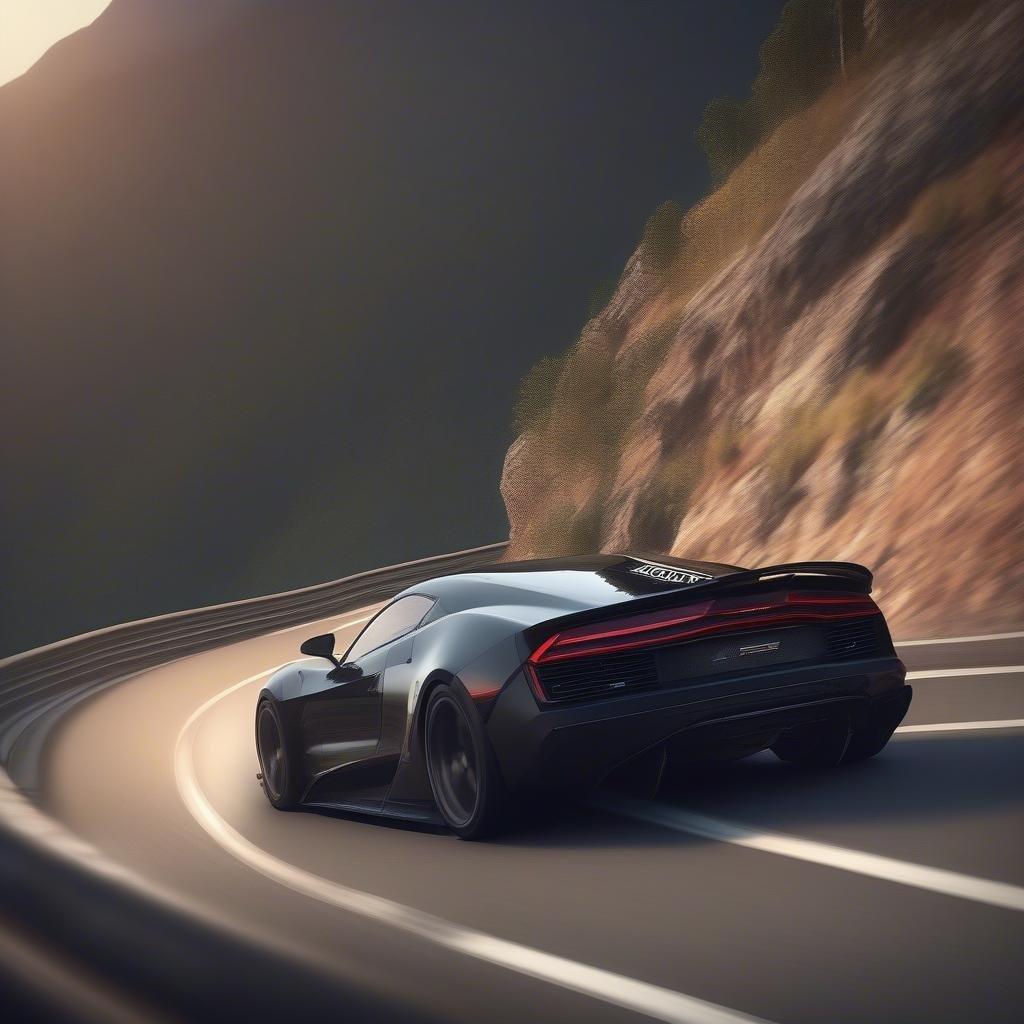 A sleek sports car takes to the open road, its engine roaring as it navigates a winding path through the mountains. The car's aerodynamic design and vibrant color scheme make it stand out against the backdrop of the rugged terrain.