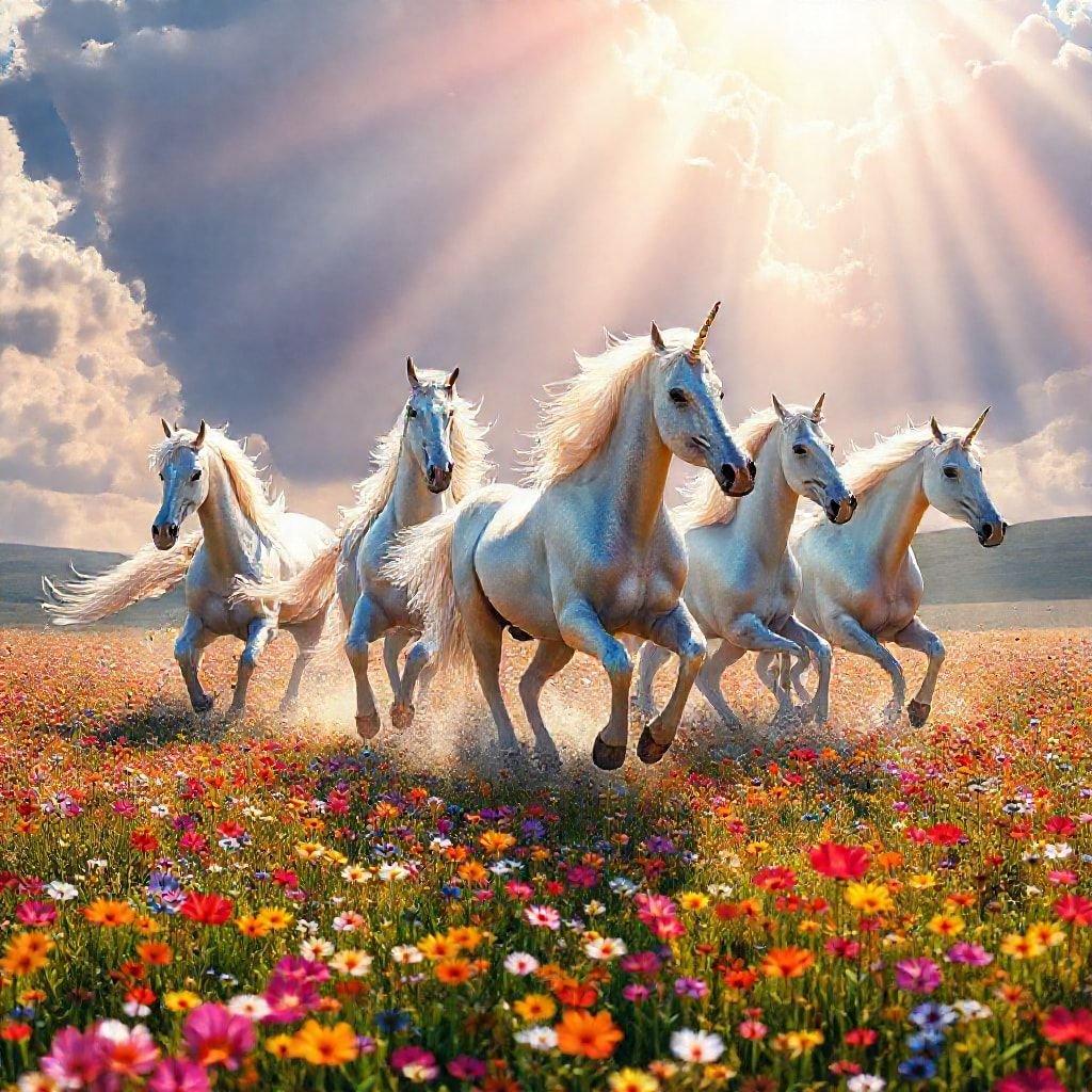 A group of unicorns in motion, creating a trail of magic through the field. This image is perfect for those who love fantasy characters and serene landscapes.