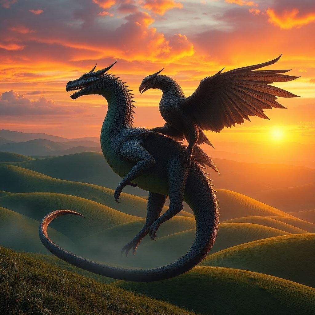 A majestic dragon soars through a breathtaking sunset landscape, its scales glistening in the warm light.