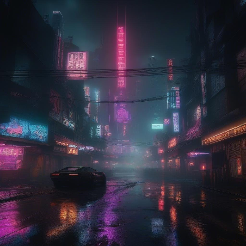 A futuristic cityscape with a car driving down a street, set against a backdrop of neon-lit skyscrapers and a dark, rainy sky.