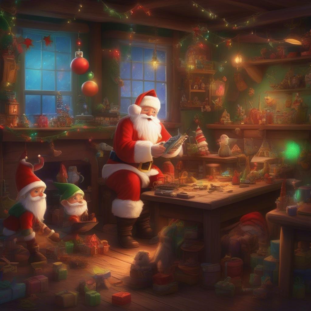 In this festive holiday scene, Santa Claus and his little helpers are busy crafting Christmas presents. The room is filled with the joyful spirit of Christmas, as evidenced by the twinkling lights, shiny decorations, and stacks of carefully wrapped gifts.