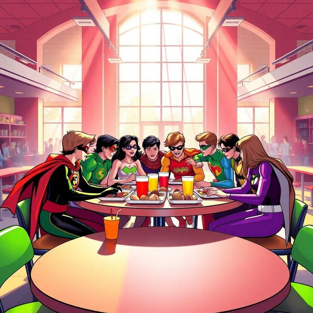 A casual gathering of comic legend characters, seated around a table with books and snacks, enjoying each other's company.