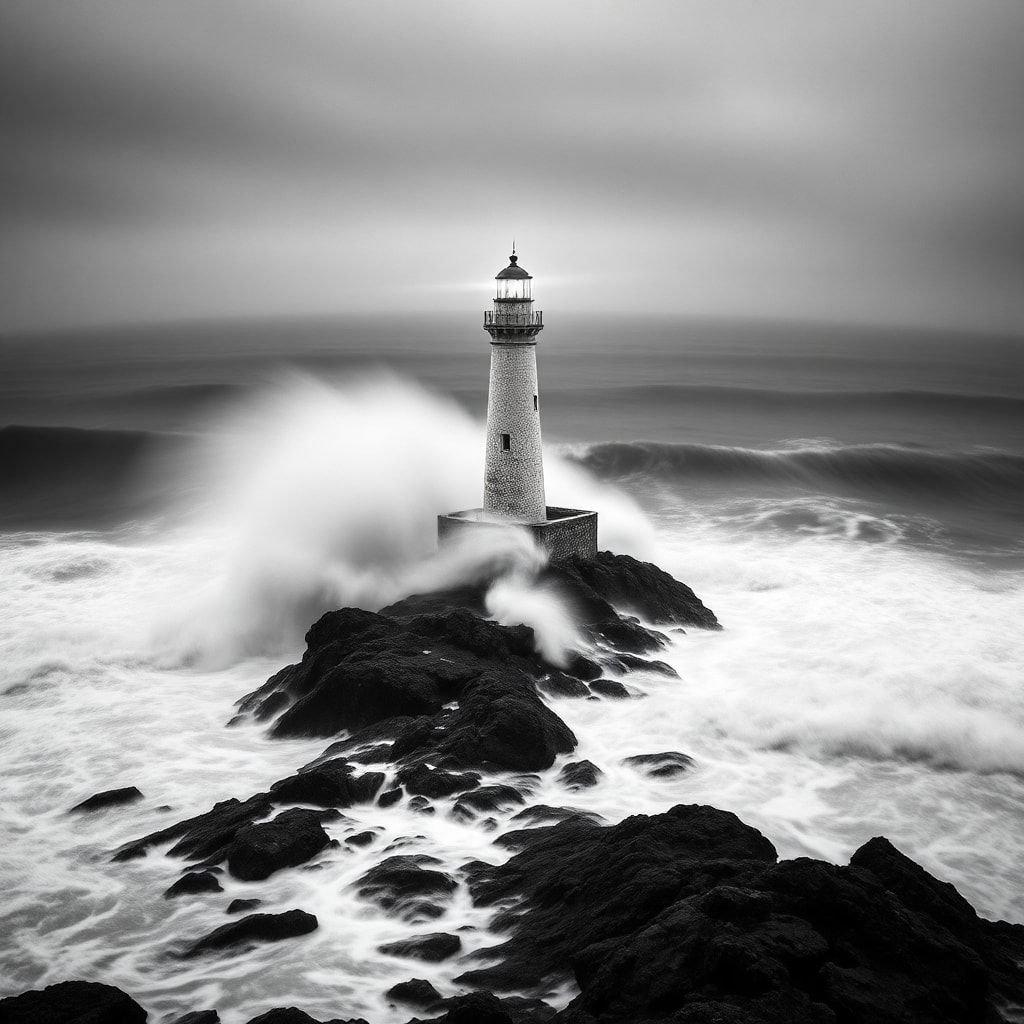 A solitary lighthouse stands firm against the turbulent seas, a beacon in the storm. A dramatic black and white capture of resilience amidst nature's ferocity.