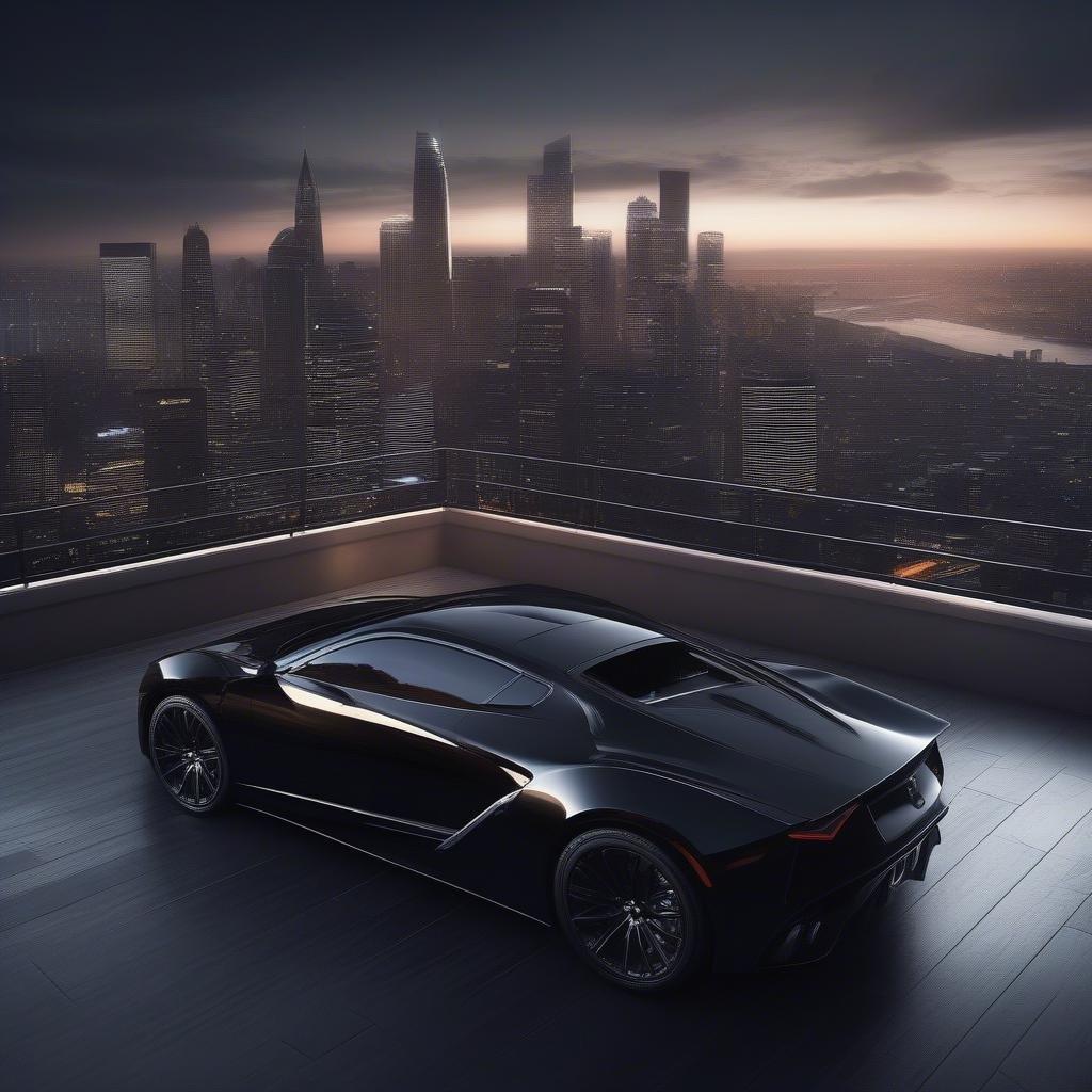 Una elegante auto sportiva nera parcheggiata su un balcone che si affaccia sullo skyline della città, emanando lusso ed eleganza.