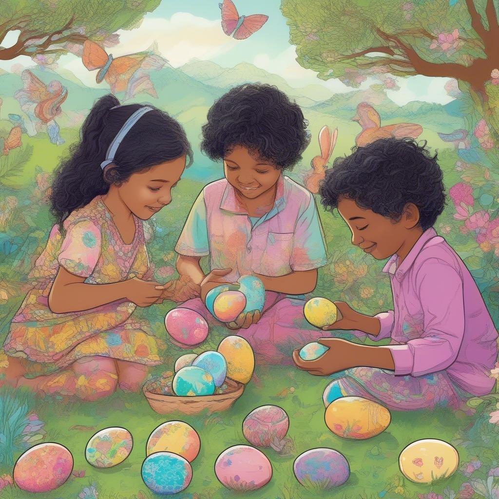 Three children are enjoying an Easter tradition, hunting for eggs in the grass. The scene is vibrant with Easter colors, making this a festive and joyful wallpaper for your desktop or mobile.