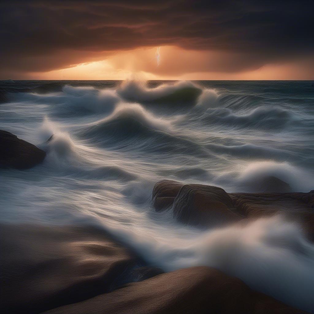 A dramatic coastal scene with powerful waves crashing against the rocks at sunrise or sunset.