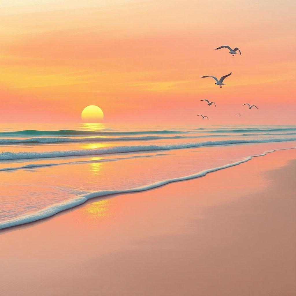 A serene beach scene at sunset, with gentle waves lapping onto the shore and a few seagulls flying overhead.