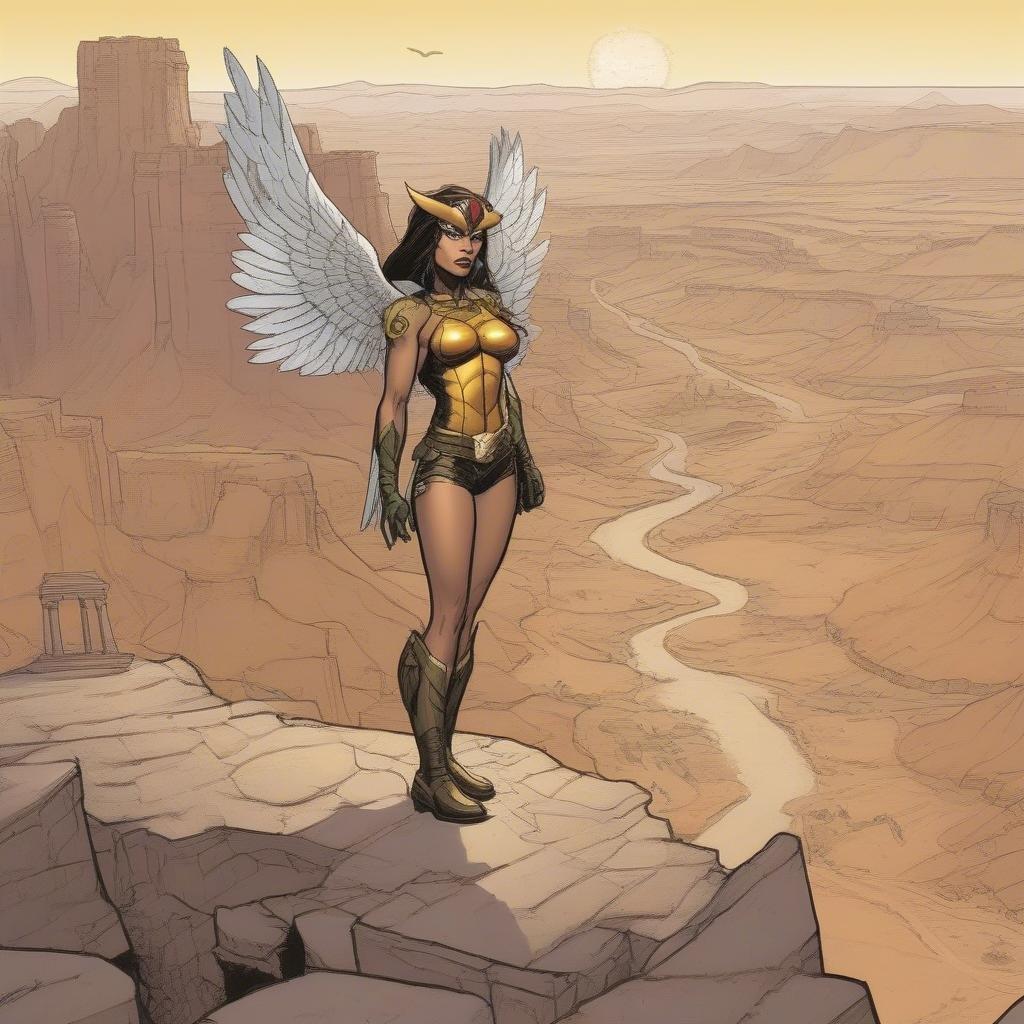 A winged warrior stands as a sentinel in the expansive desert, her gaze watchful against the horizon.