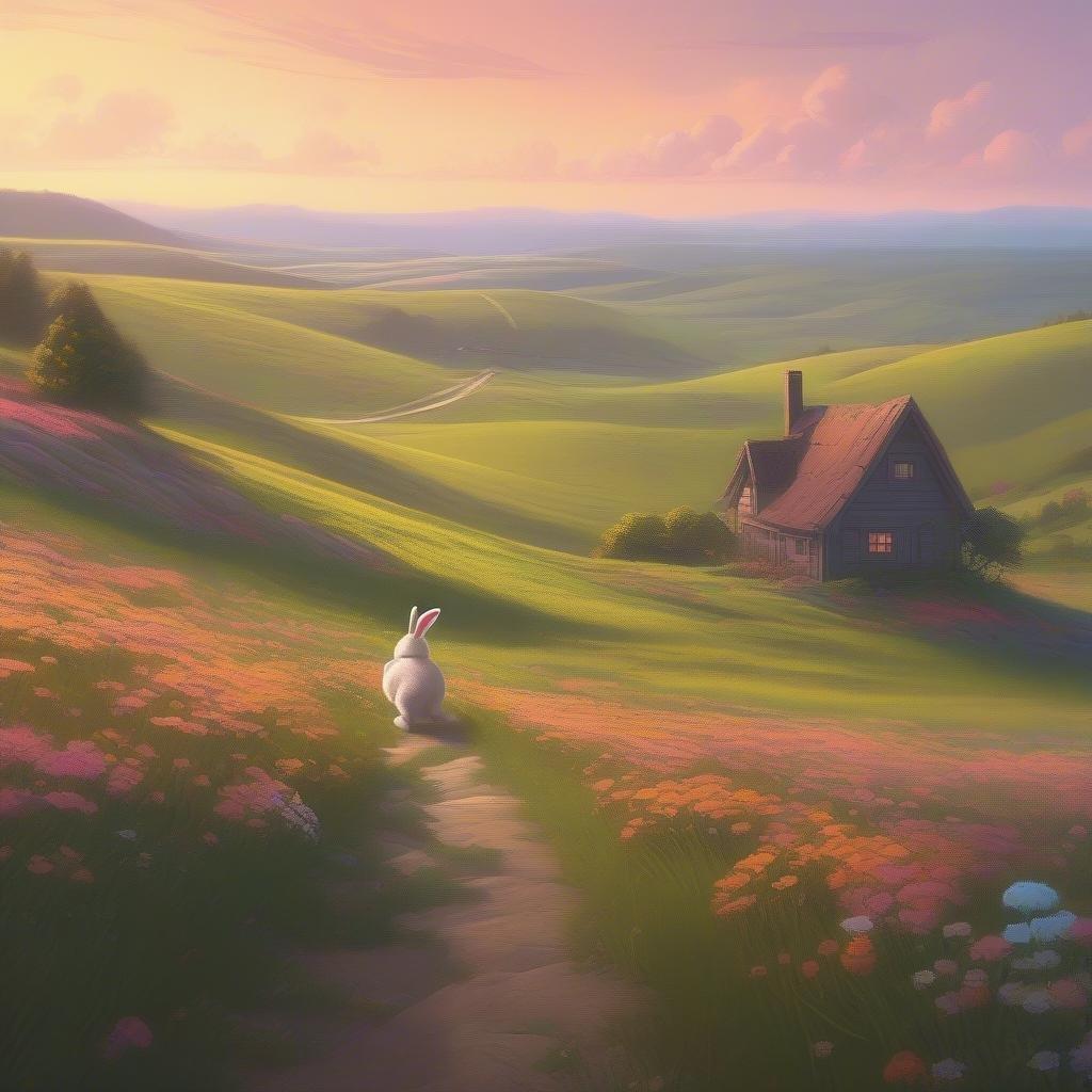 A whimsical scene featuring an Easter bunny standing on a flower-filled path, with rolling hills in the background and a quaint cottage nestled among the flowers.