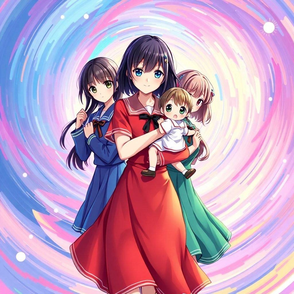 This vibrant wallpaper features a group of schoolgirls in colorful uniforms, set against a dynamic swirling vortex of colors. The central figure, a woman in a red dress, holds a child in her arms, while the other two are positioned behind her, creating an anime-like image. The background is a swirling vortex of blues, purples, and pinks, enhancing the sense of movement and energy.