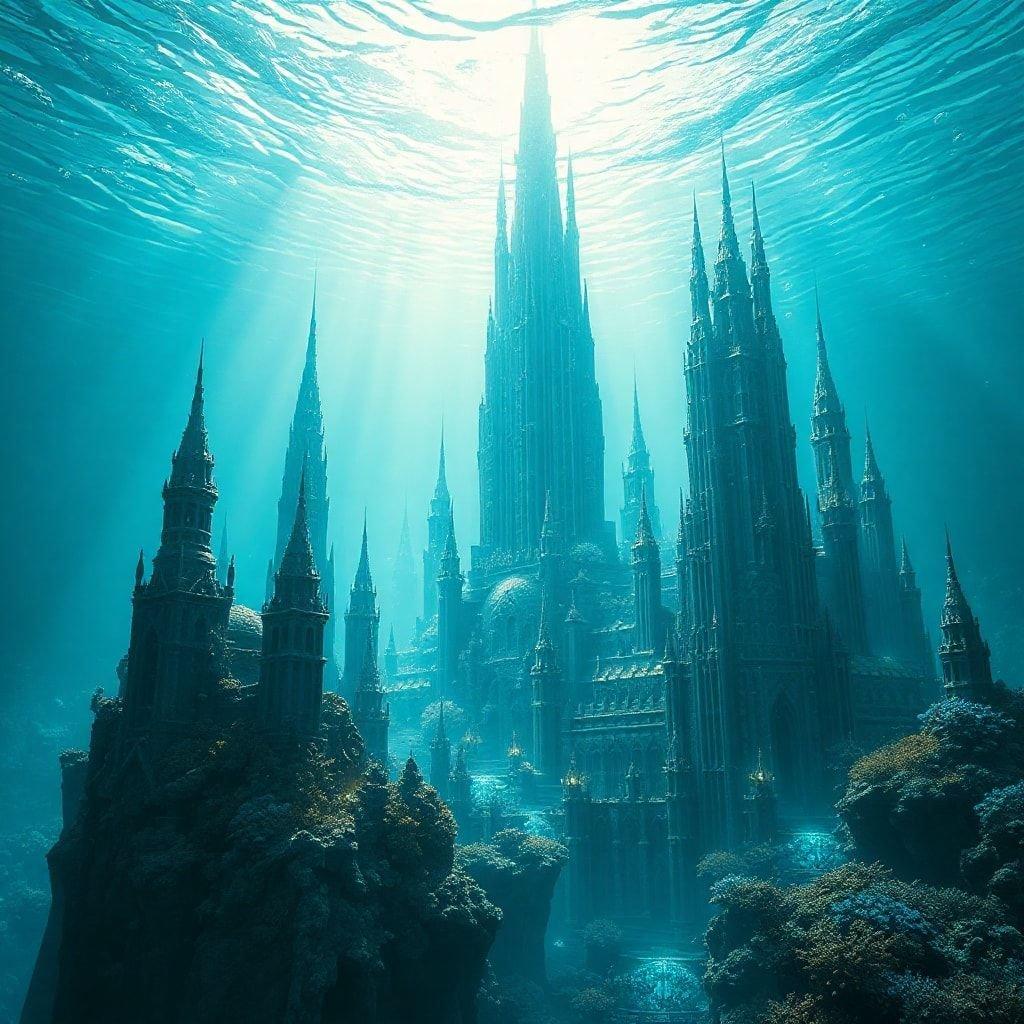 A fantasy underwater city with a large castle-like structure and smaller buildings.