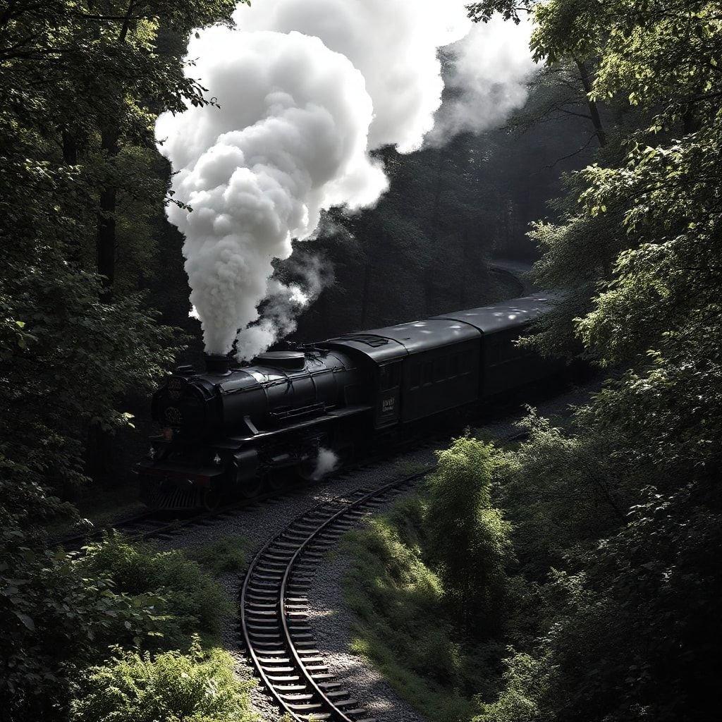 This classic black and white photo captures the timeless charm of traveling by steam. The train, a symbol of nostalgia and adventure, is surrounded by the tranquility of a forest, creating an atmosphere of serene exploration.