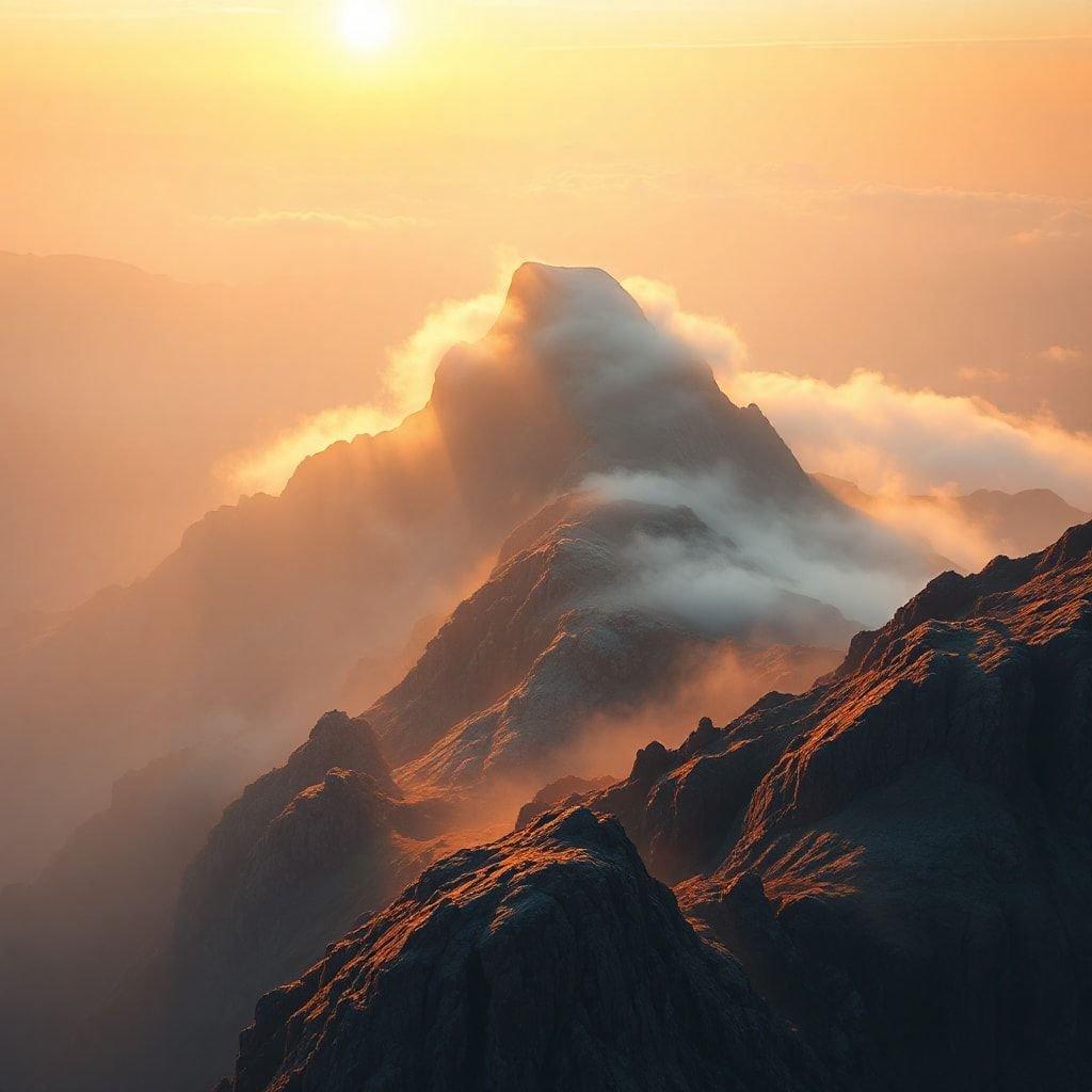 Breathtaking view of majestic mountains at sunrise, bathed in the golden light of dawn.