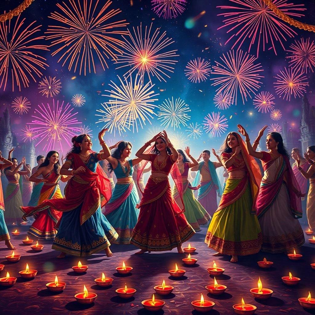 This stunning wallpaper captures the essence of Diwali, the festival of lights, with a vibrant and colorful depiction of people dancing and celebrating amidst a backdrop of fireworks and diyas.