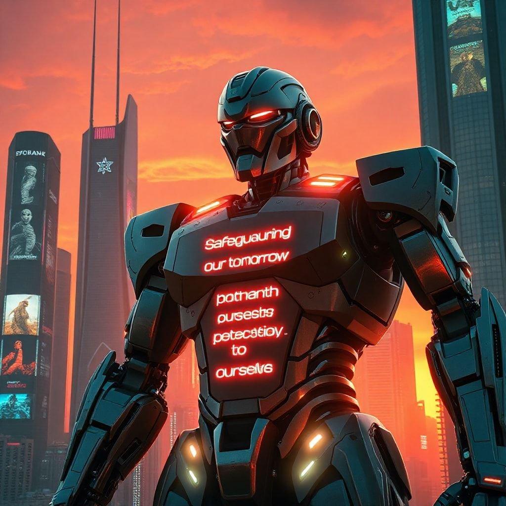 A robot stands tall against the backdrop of a futuristic skyline, embodying the promise of tomorrow. The quote on its chest proclaims 'Safeguard our future', symbolizing the role of technology in shaping and securing our world.