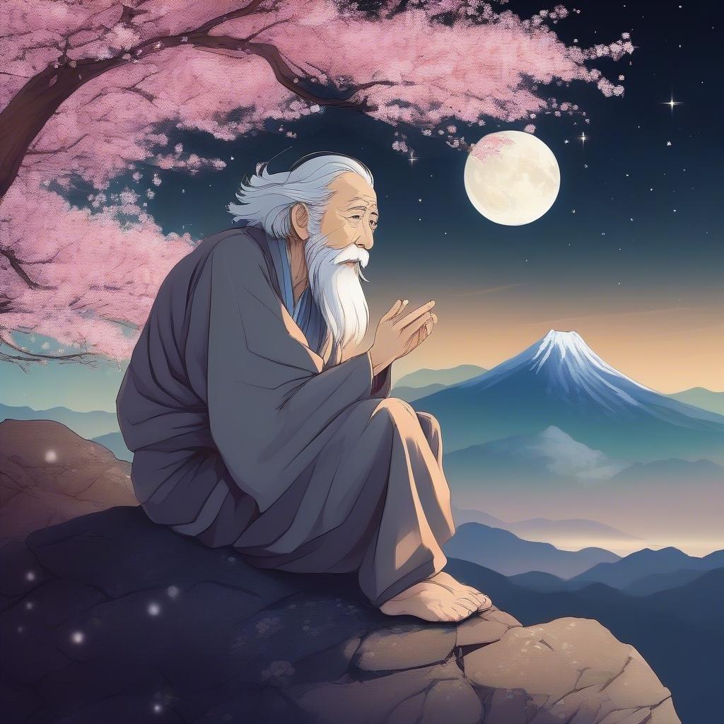 This detailed anime illustration features a wise old man sitting on a mountain peak. He is adorned with cherry blossoms and has a wispy aura of stars around him, giving off an air of serene reflection. The tranquil setting includes the majestic Mount Fuji in the background, under a moonlit night sky.