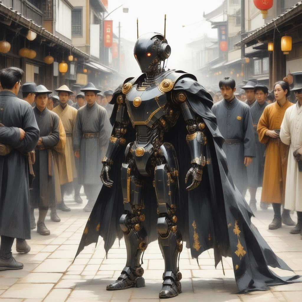 This captivating digital illustration showcases a robot in a black and gold cloak navigating a crowded street in Edo-era Japan. The robot's determined pose is highlighted against a blurred background, emphasizing its sleek and intricate design.