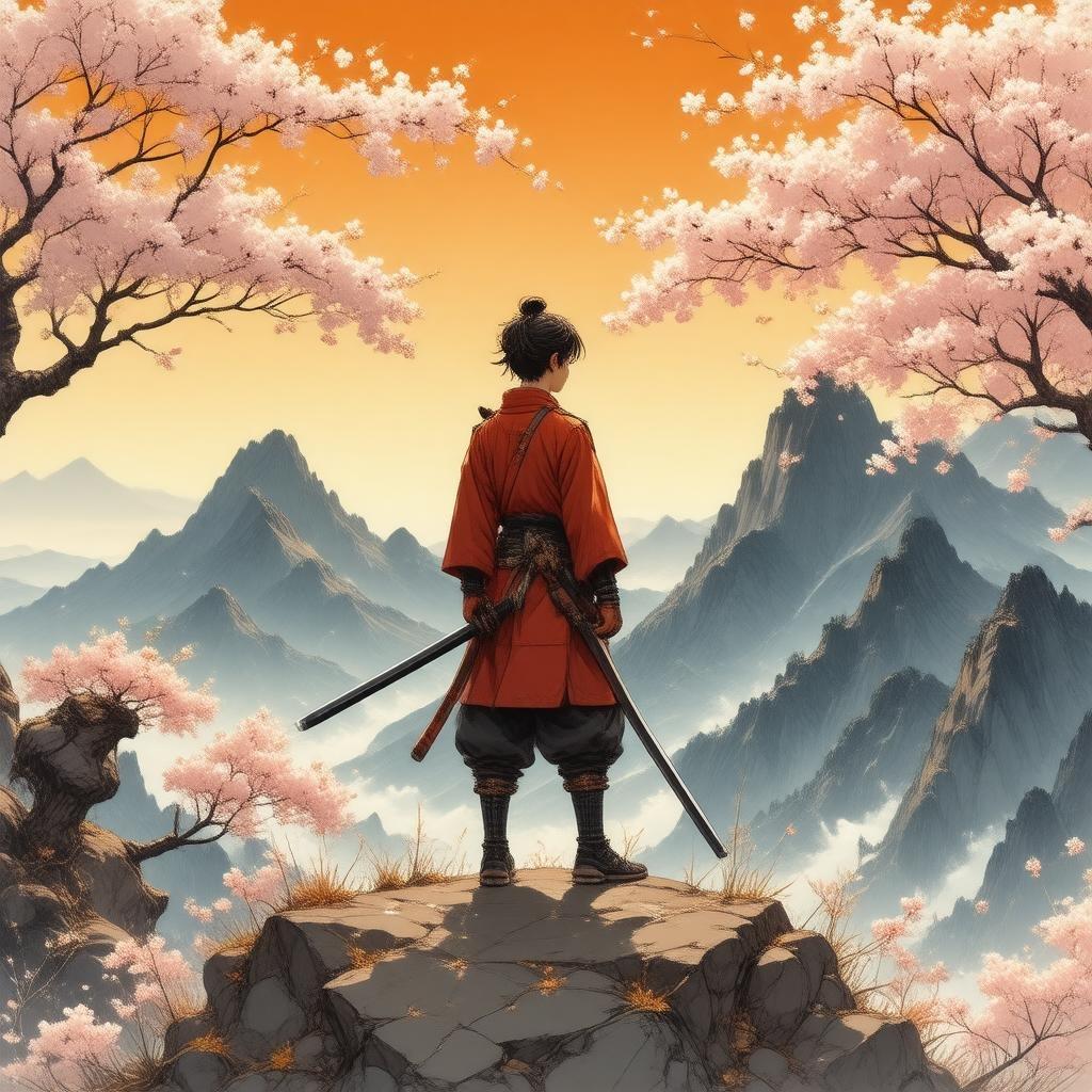 Imprégnez-vous de la beauté sereine de ce fond d'écran inspiré de l'anime, où un jeune samouraï se tient au sommet d'un pic montagneux, entouré par les couleurs vibrantes des cerisiers en fleurs.