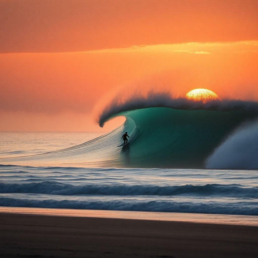 This stunning wallpaper captures the serene beauty of a surfer riding a wave at sunset. The image is set against the backdrop of a breathtaking ocean and beach scene, with the warm hues of the setting sun casting a golden glow over the entire landscape. The surfer, dressed in a wetsuit, is seen gliding effortlessly across the wave, their board slicing through the water as they ride the swell towards the shore.