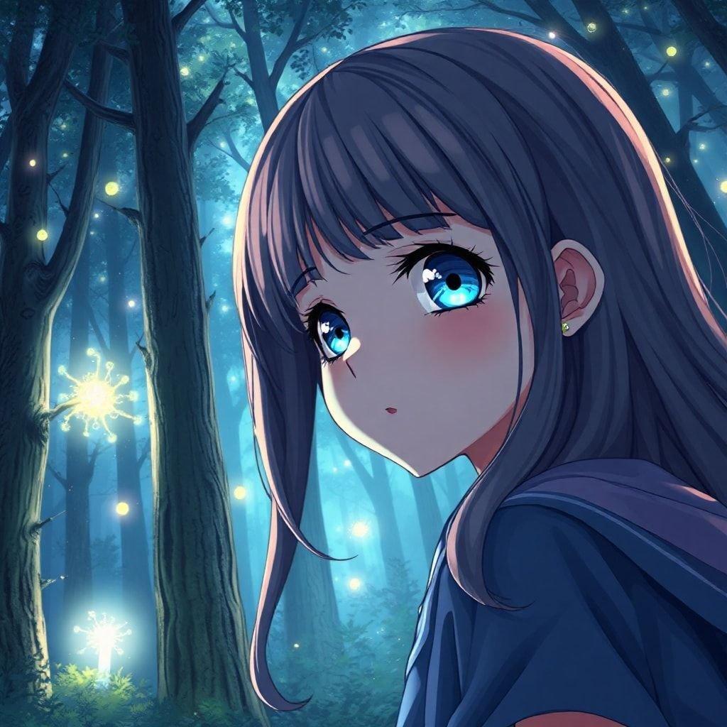 This captivating anime wallpaper features a shy high school girl with vibrant blue eyes, gazing upon magical powers within an enchanted forest. The detailed digital illustration showcases towering trees and glowing lights, creating a serene yet mysterious scene.