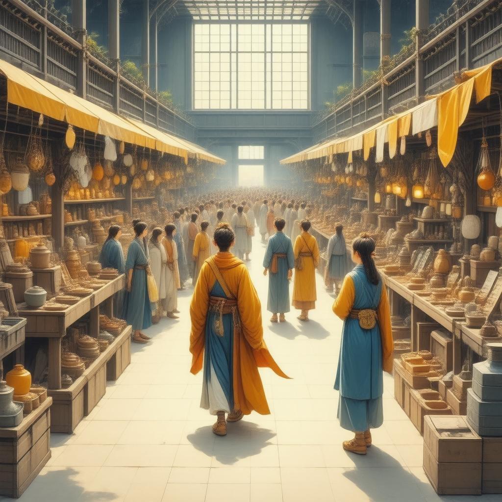 Step into a vibrant marketplace filled with rare artifacts and lively stalls, where the warm yellow and orange hues capture the bustling atmosphere.