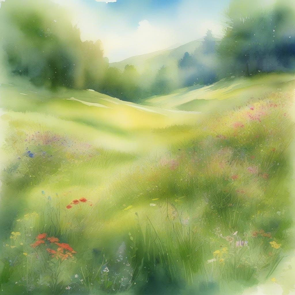 Wander through this vibrant, lush meadow bathed in the soft glow of springtime. The air is filled with the sweet scent of blooming flowers and wildflowers dotting the landscape.