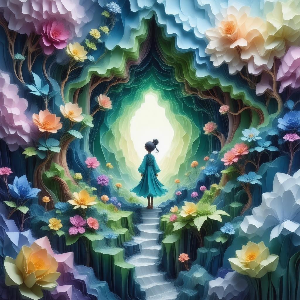 A serene and vibrant anime-inspired scene featuring a young girl standing at the entrance of a cave surrounded by an array of colorful flowers and plants.