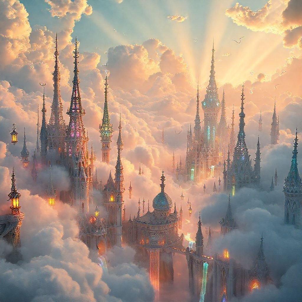 An enchanting view of a castle complex perched high above, bathed in ethereal light amidst swirling clouds and rays of sunshine.