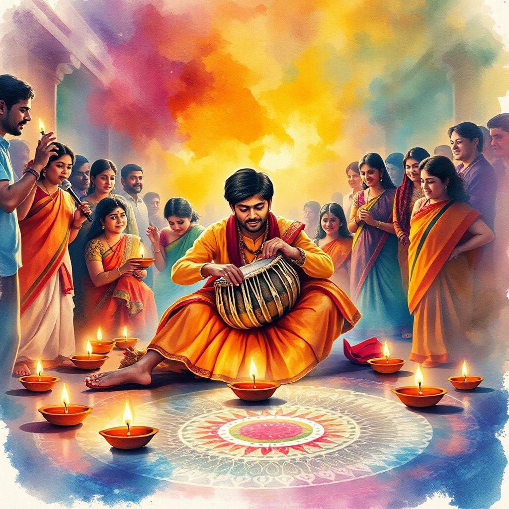 Una escena festiva de Diwali con un hombre tocando un armonio, rodeado de personas celebrando el festival.