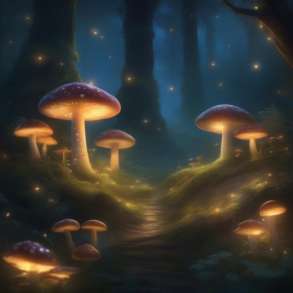 Step into a world of wonder with this enchanting fantasy forest wallpaper. The glowing mushrooms and fireflies create a magical atmosphere, perfect for fans of movies and TV shows.