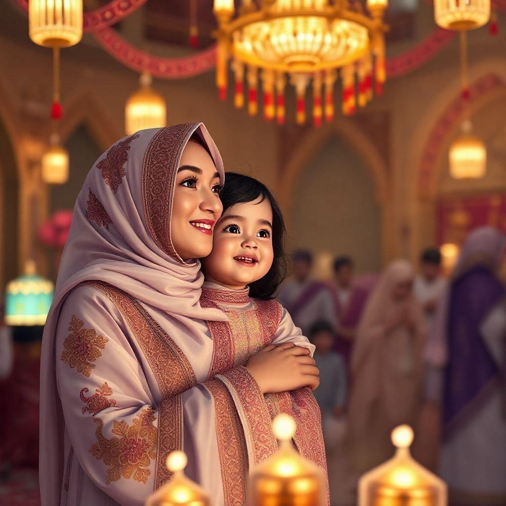 In the warm glow of candlelight, a woman in traditional Muslim attire cradles her little girl on their lap during a celebration of Eid-al-Fitr. The joyous atmosphere is accentuated by colorful decorations and the soft light of lanterns illuminating the scene.