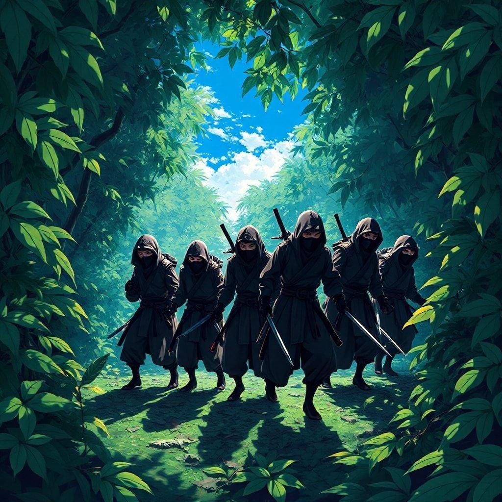 Dette fantastiske anime-baggrundsbillede viser en gruppe af syv ninjas, der navigerer gennem en tæt jungle, hvis skygger tilføjer en aura af mystik til scenen. Den frodige grønne vegetation og den blå himmel i baggrunden skaber en følelse af dybde og intriger, hvilket gør dette billede perfekt til fans af anime og eventyr.