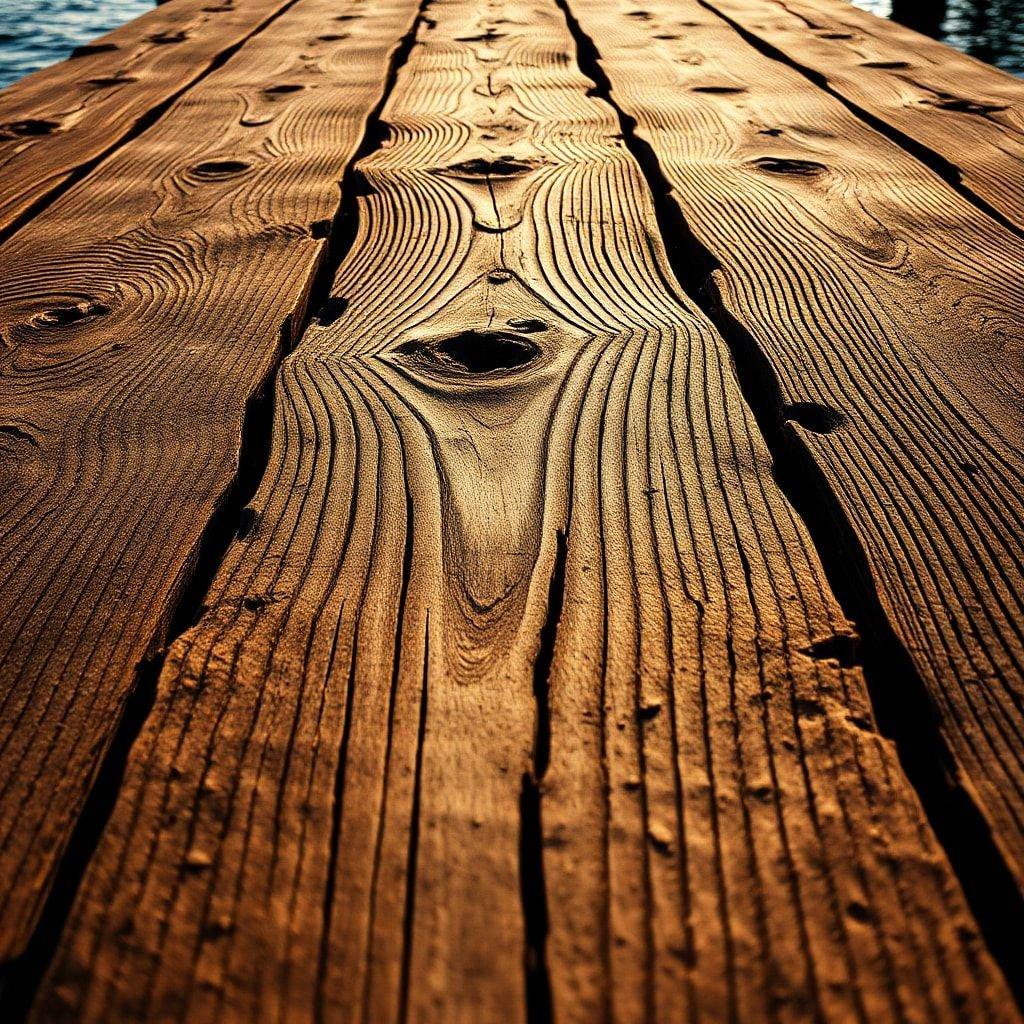 Close-up view of weathered wooden dock planks, showcasing the beauty of their grain and texture.