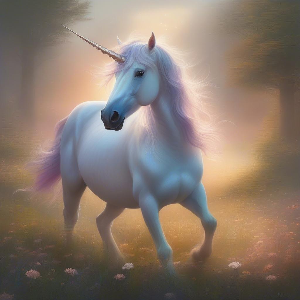 A majestic unicorn gracefully trotting through a forest clearing, basking in the soft glow of a warm sunrise. The magical creature's coat gleams with hints of gold as it strides towards an adventure in this picturesque scene.